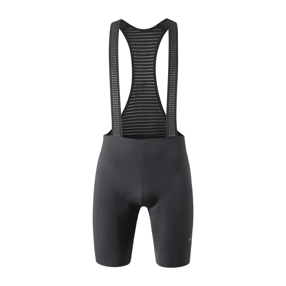Men's black cycling bib shorts with breathable striped mesh bib straps and padded seat.