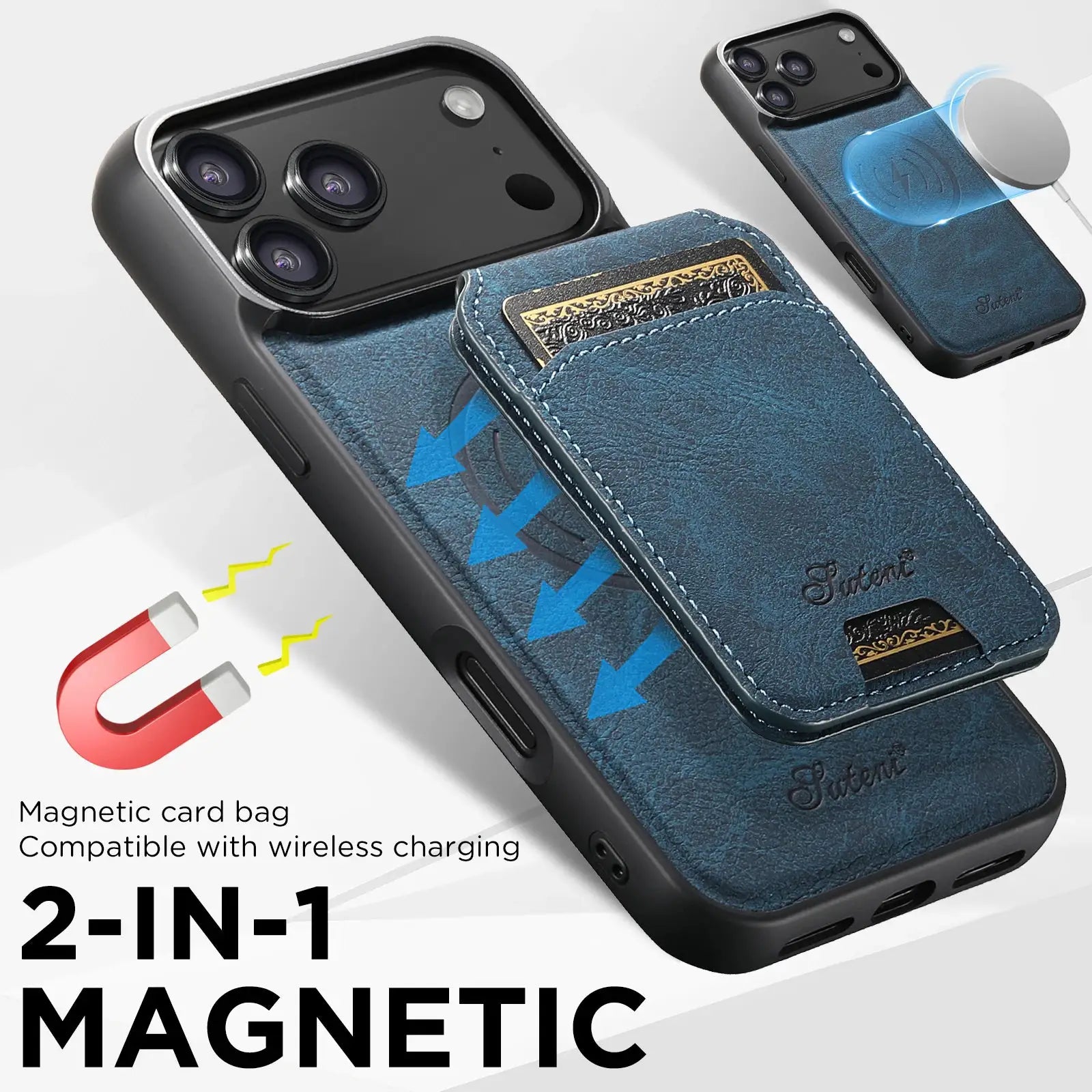 SUTENI Wireless Charging Case With Magnetic Card Holder Stand For iPhone 12 Through 17 Pro Max PU Leather