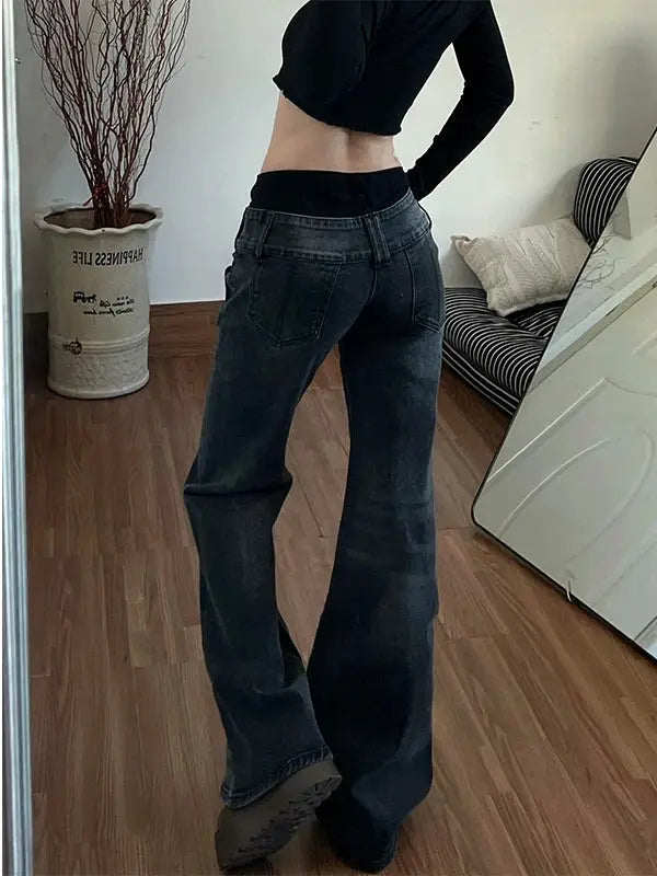 American Retro Low Waisted Jeans For Women Spicy Washed Flared Pants