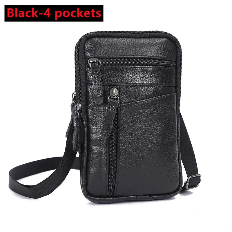 Simples Market men's black genuine leather waist bag with four pockets and crossbody strap.