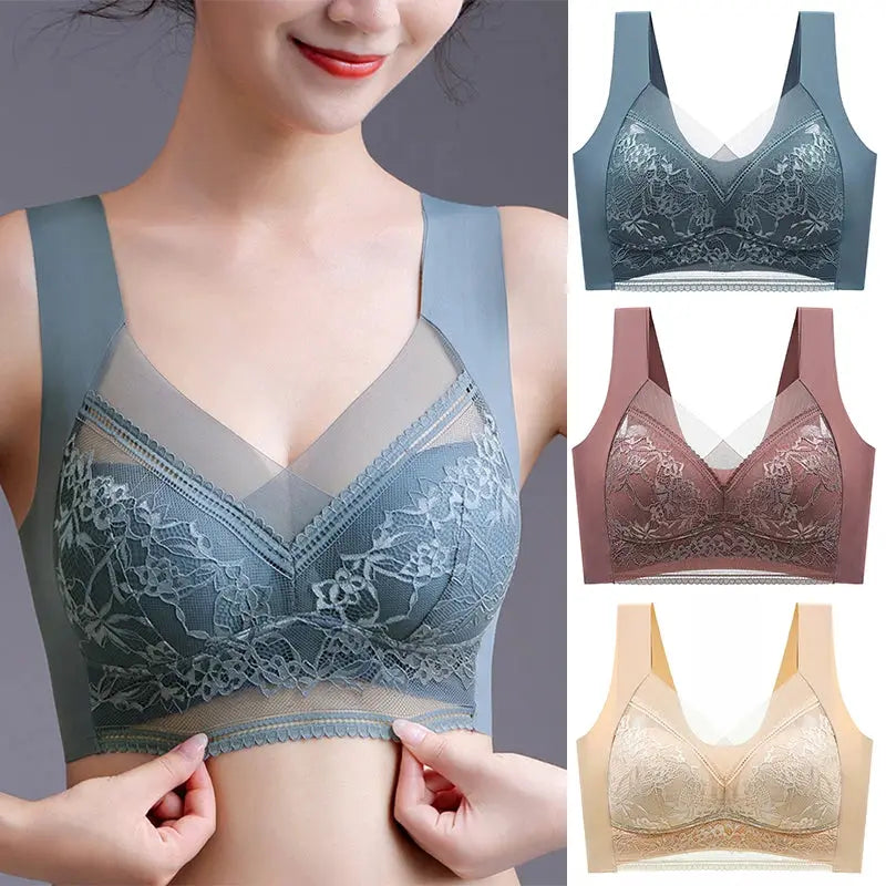 FallSweet seamless ice silk push up bra by Simples Market; wireless lace bralette plus size in blue-teal, mauve, and nude beige