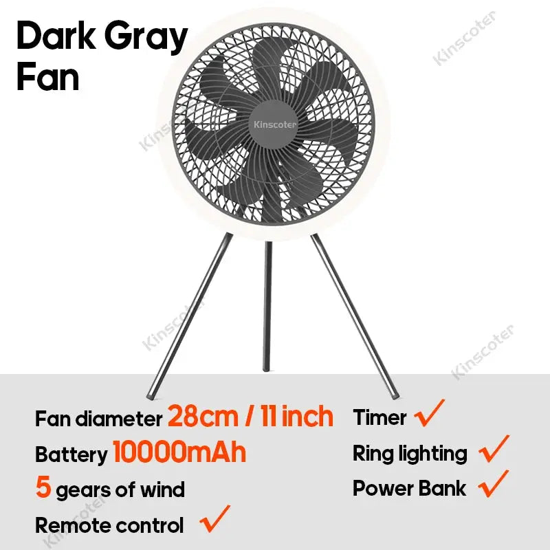 KINSCOTER outdoor camping fan on a tripod stand, 11-inch dark gray with LED ring lighting and 10000mAh battery