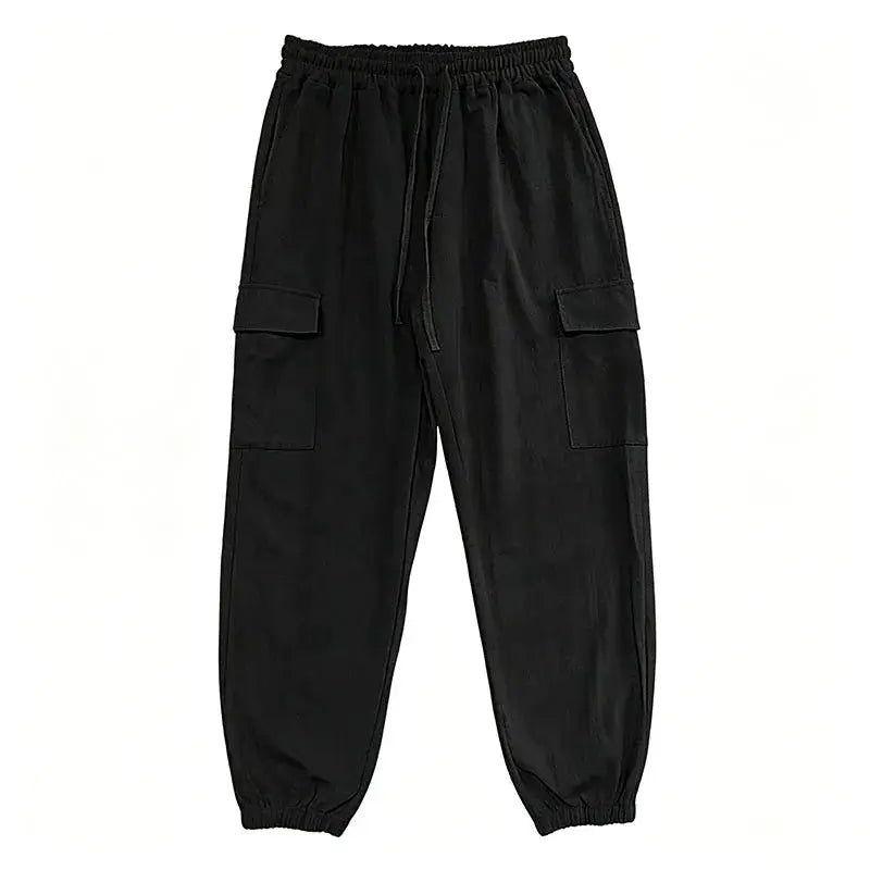 Simples Market men's cotton-linen cargo jogger pants in black with elastic waist, drawstring and cargo pockets