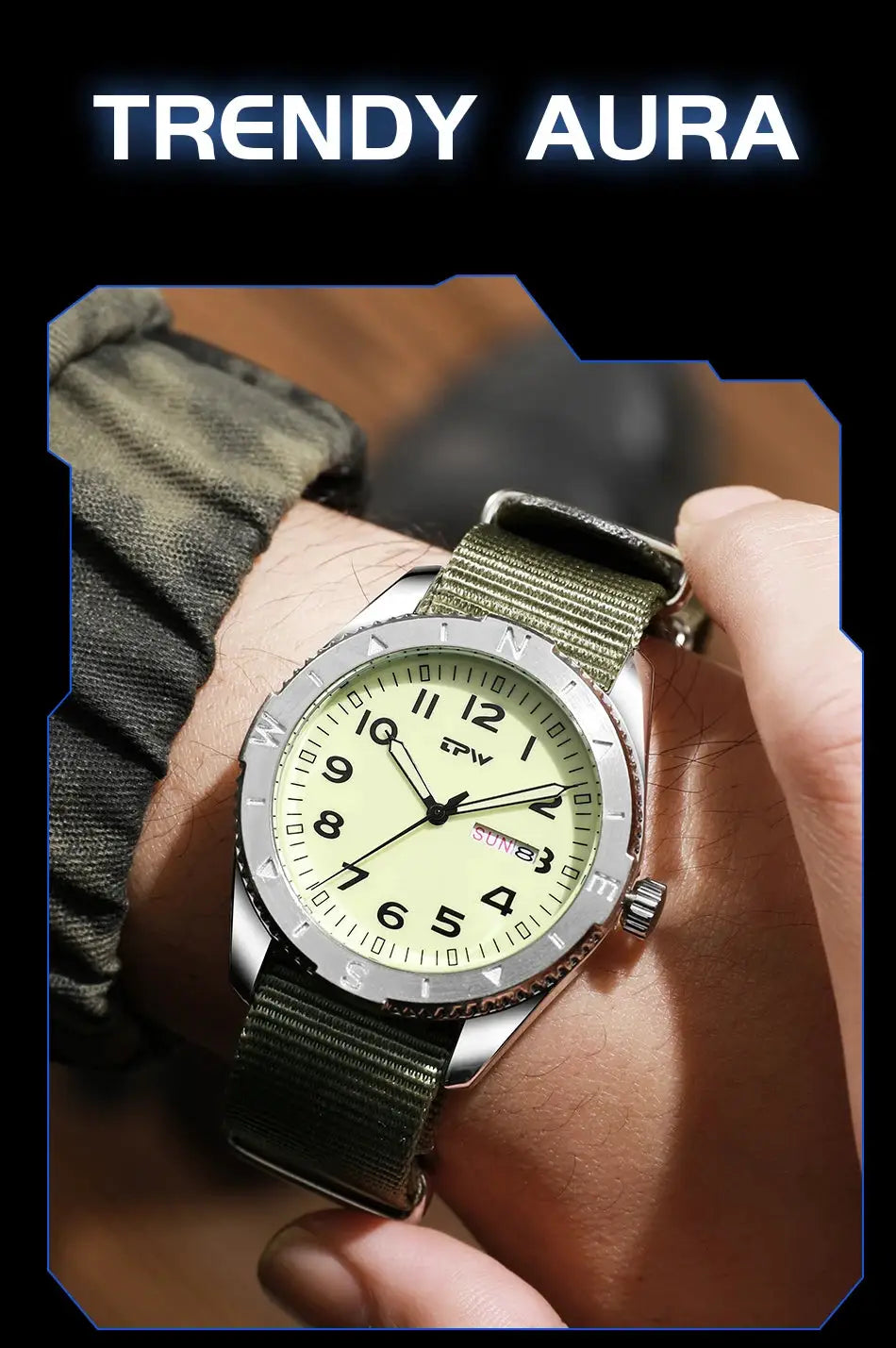 TPW 40mm field watch on olive green fabric strap with luminous dial and day/date window