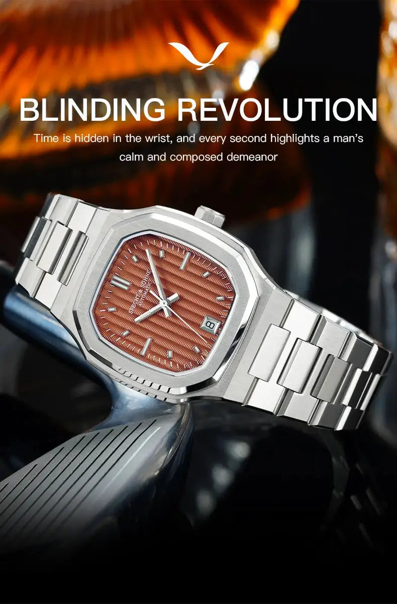 Specht&Sohne 37mm automatic men's watch with stainless steel case and bracelet, orange textured dial.