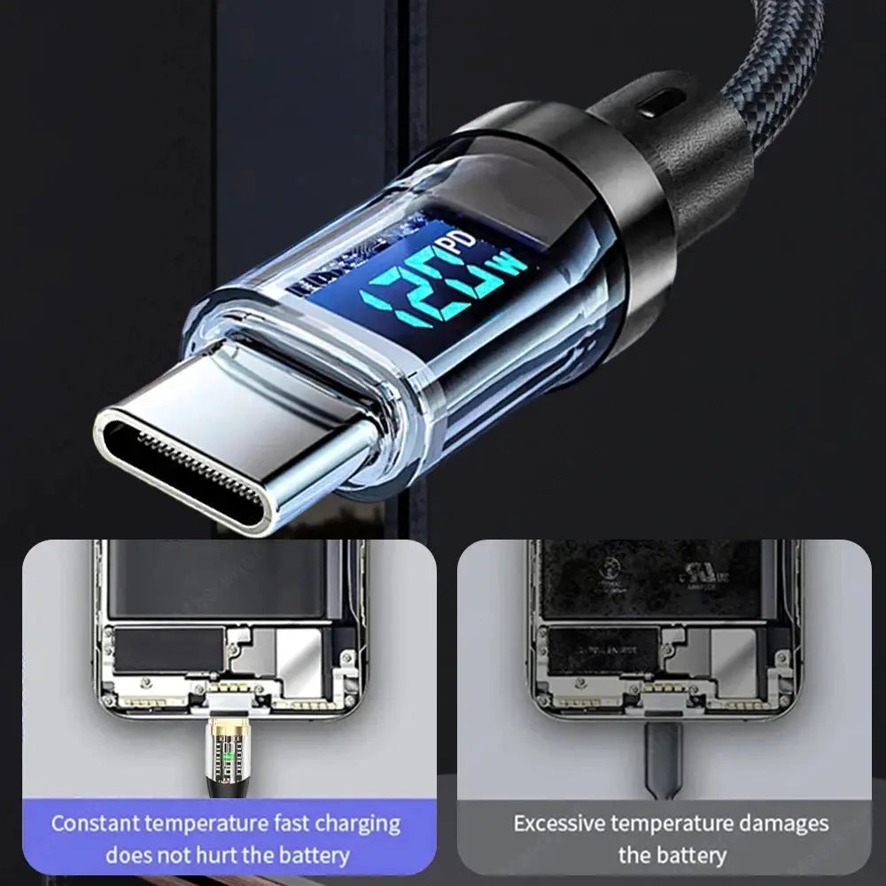 NNBILI 100W USB-C/120W USB-A charging cables with LED display by Simples Market; transparent braided cable.