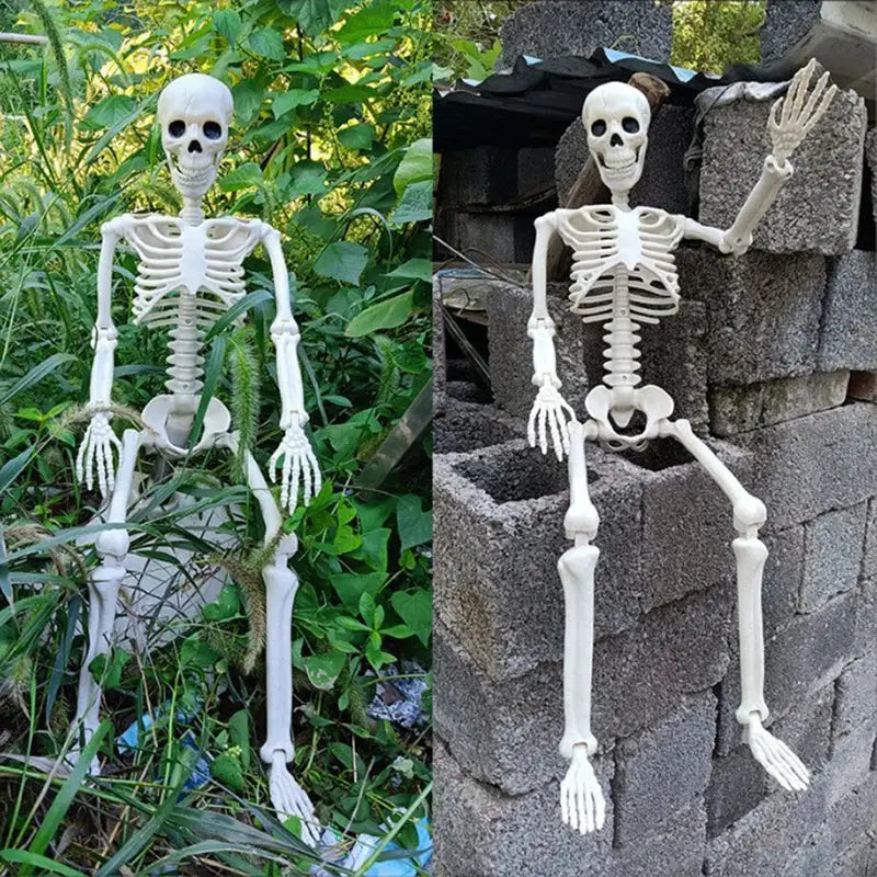 Skeleton props by Simples Market, two white plastic humanoid Halloween decorations for haunted houses or parties