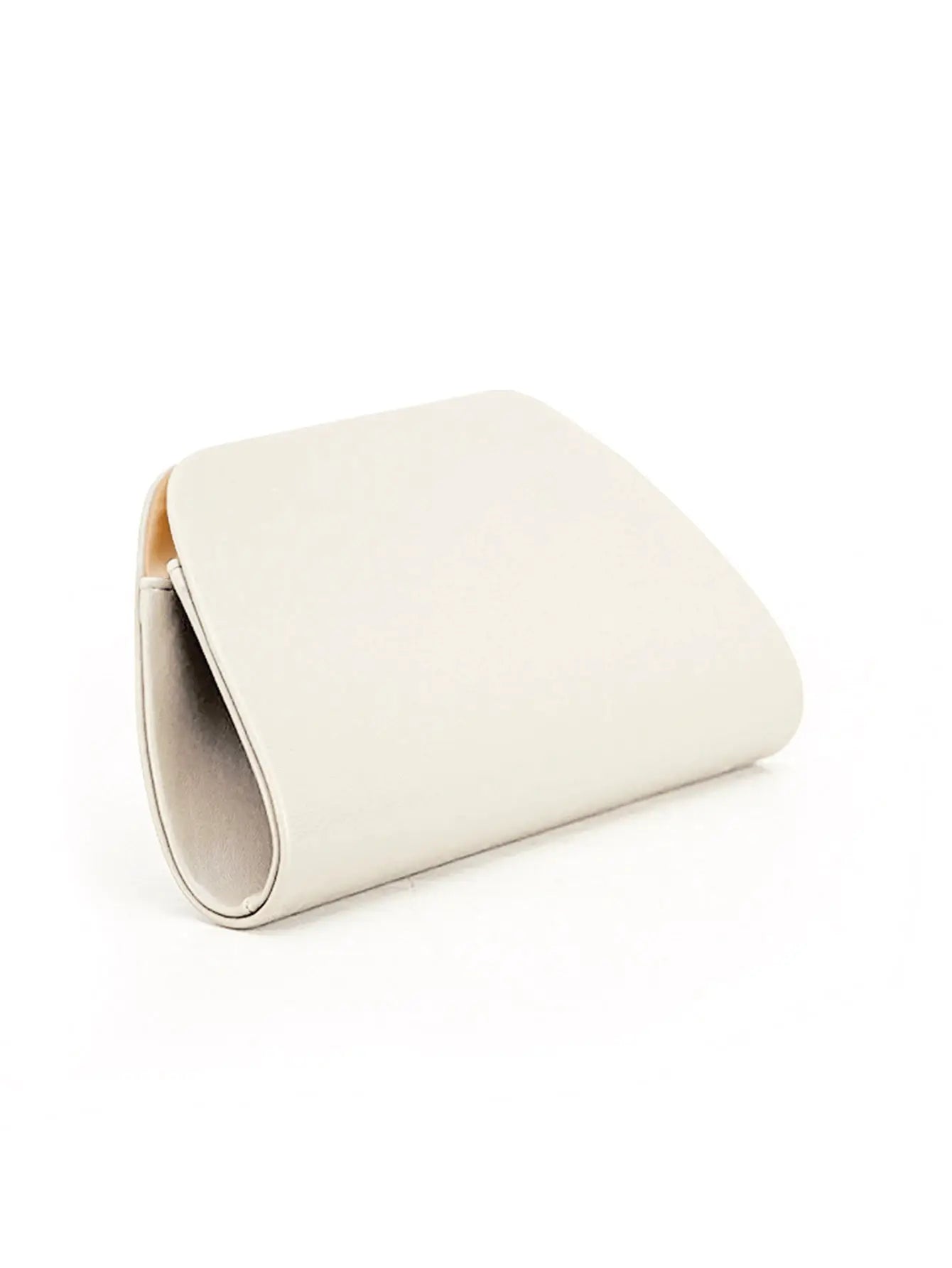 Cream box clutch with rounded edges and minimalist design.