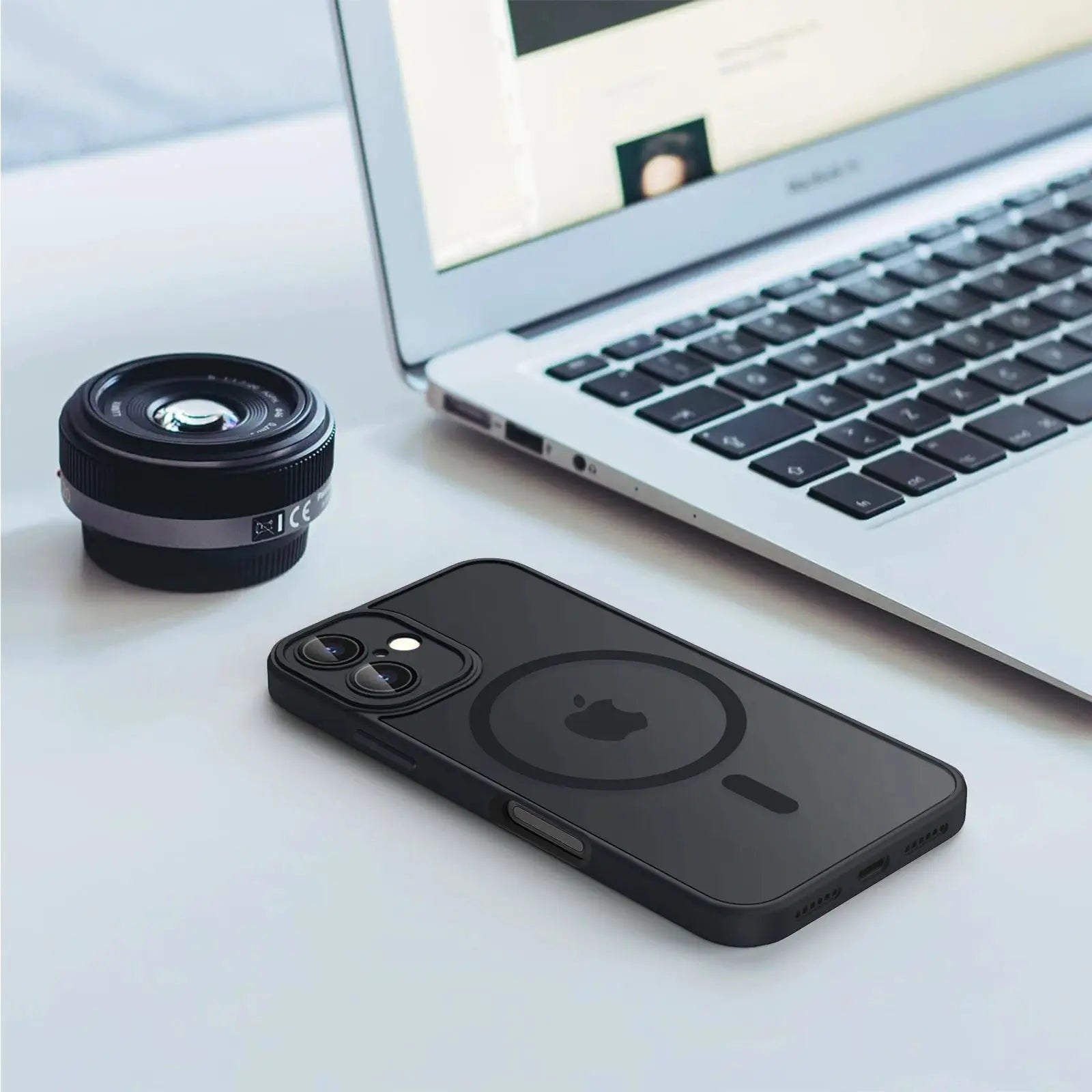 Simples Market iPhone case, magnetic MagSafe compatible, matte translucent black, shockproof