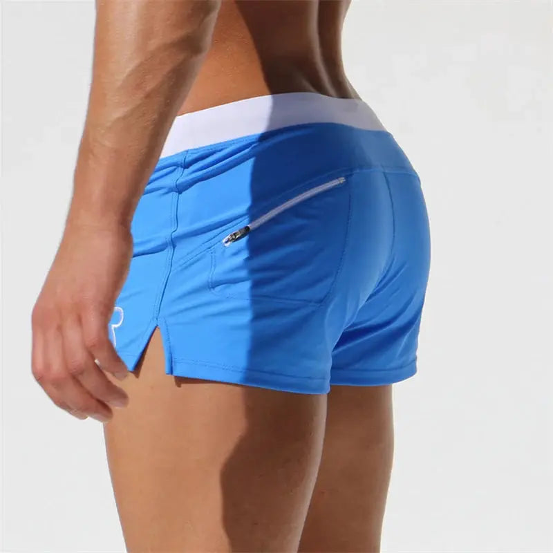 Men's blue quick-drying swim shorts with back zip pocket