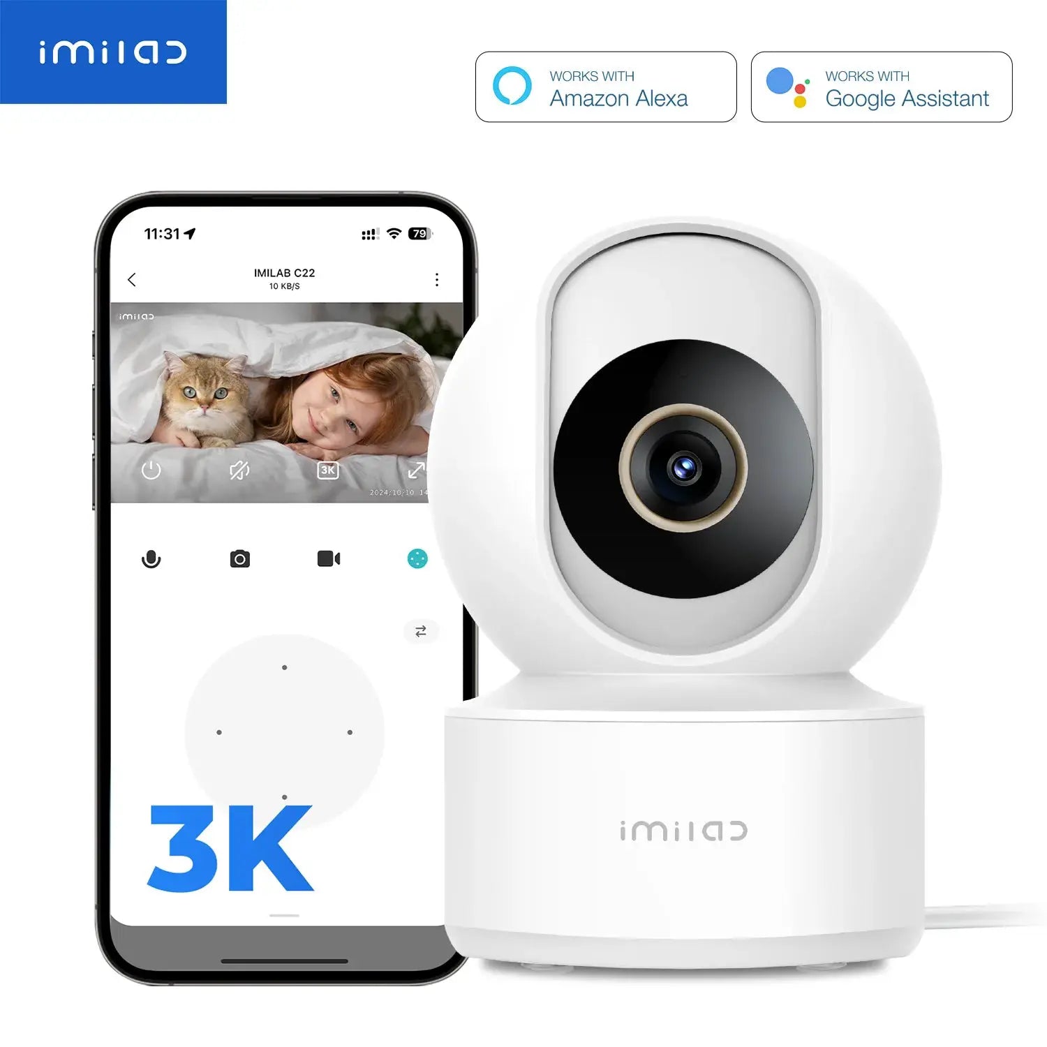 IMILAB baby monitor camera; white dome with 360° PTZ shown beside a smartphone app screen (3K).