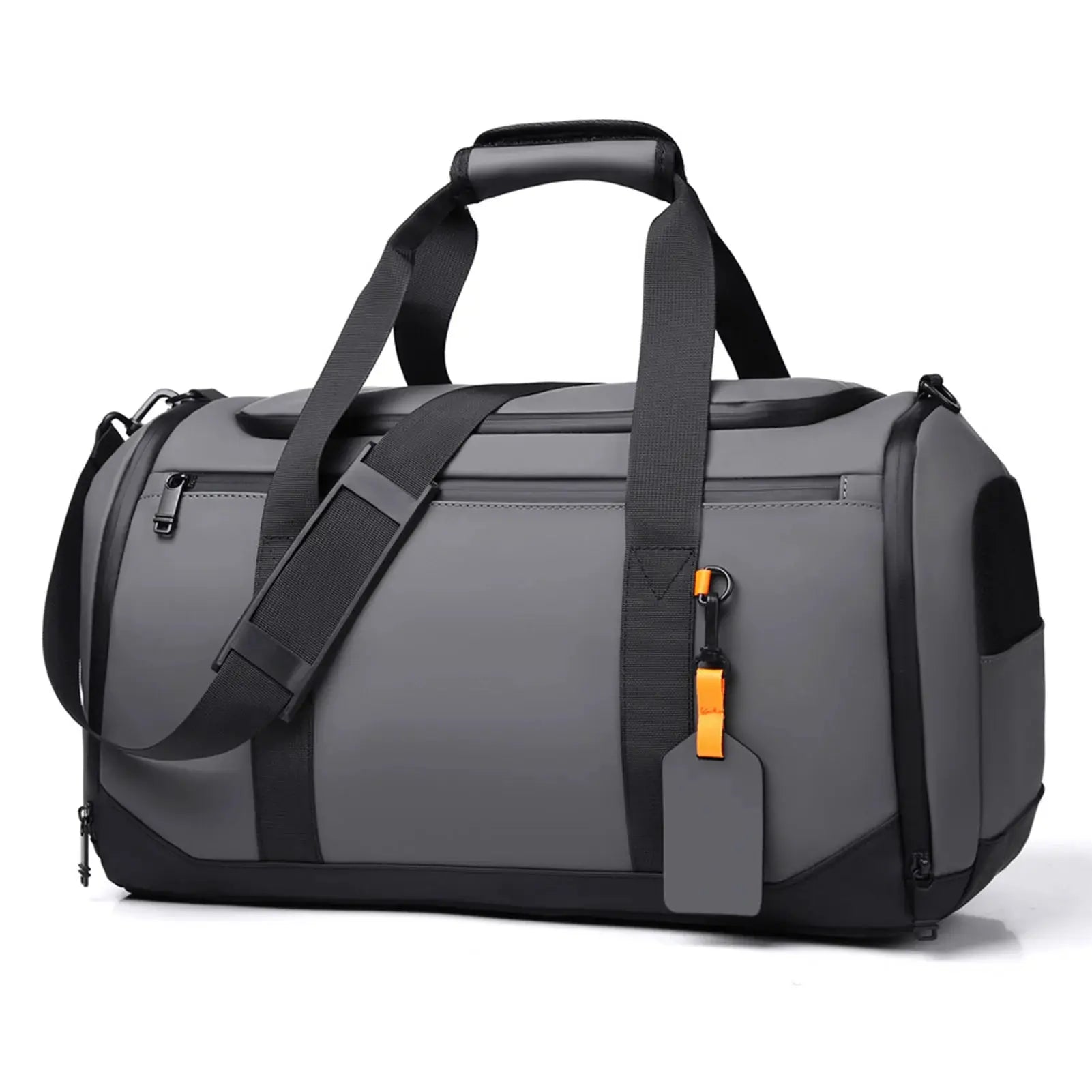 Large capacity travel tote bag by Simples Market; gray with black straps and multiple pockets for gym gear