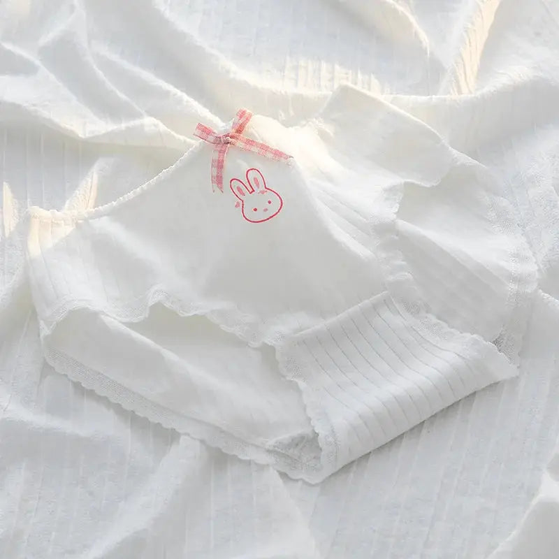 5-piece white cotton underwear set with pink bow and bunny motif, ribbed fabric with lace trim