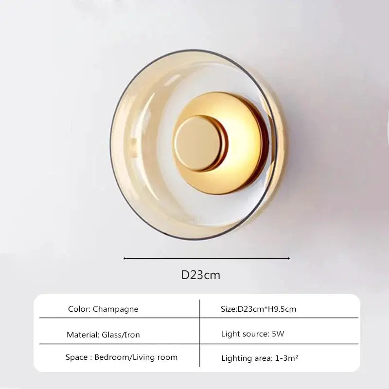 Nordic LED glass wall sconce, champagne color with glass and iron, round disc design for bedrooms and living rooms