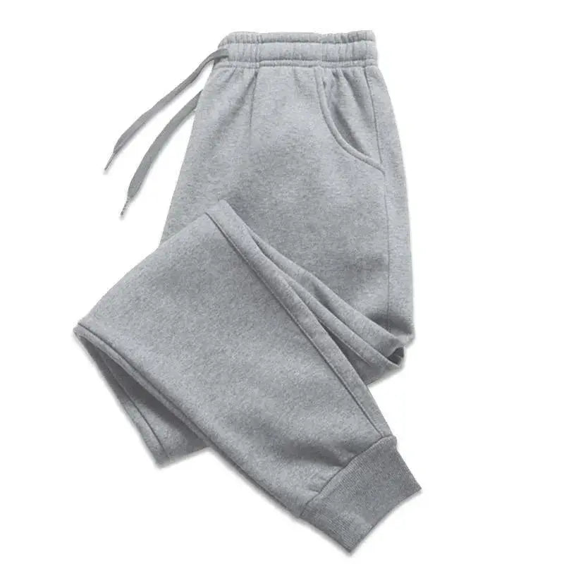 Men's gray fleece jogger pants with drawstring waist and cuffed ankles