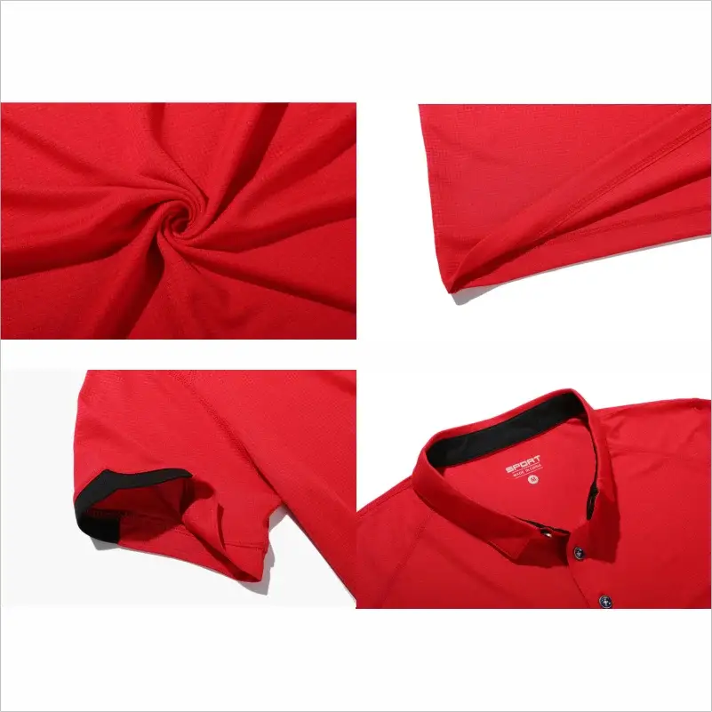Red quick-dry polo shirt with short sleeves, collar and button placket; textured fabric.