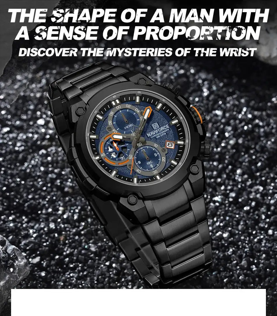 NAVIFORCE men's military-style black stainless steel chronograph watch with blue dial and orange accents, 3ATM waterproof