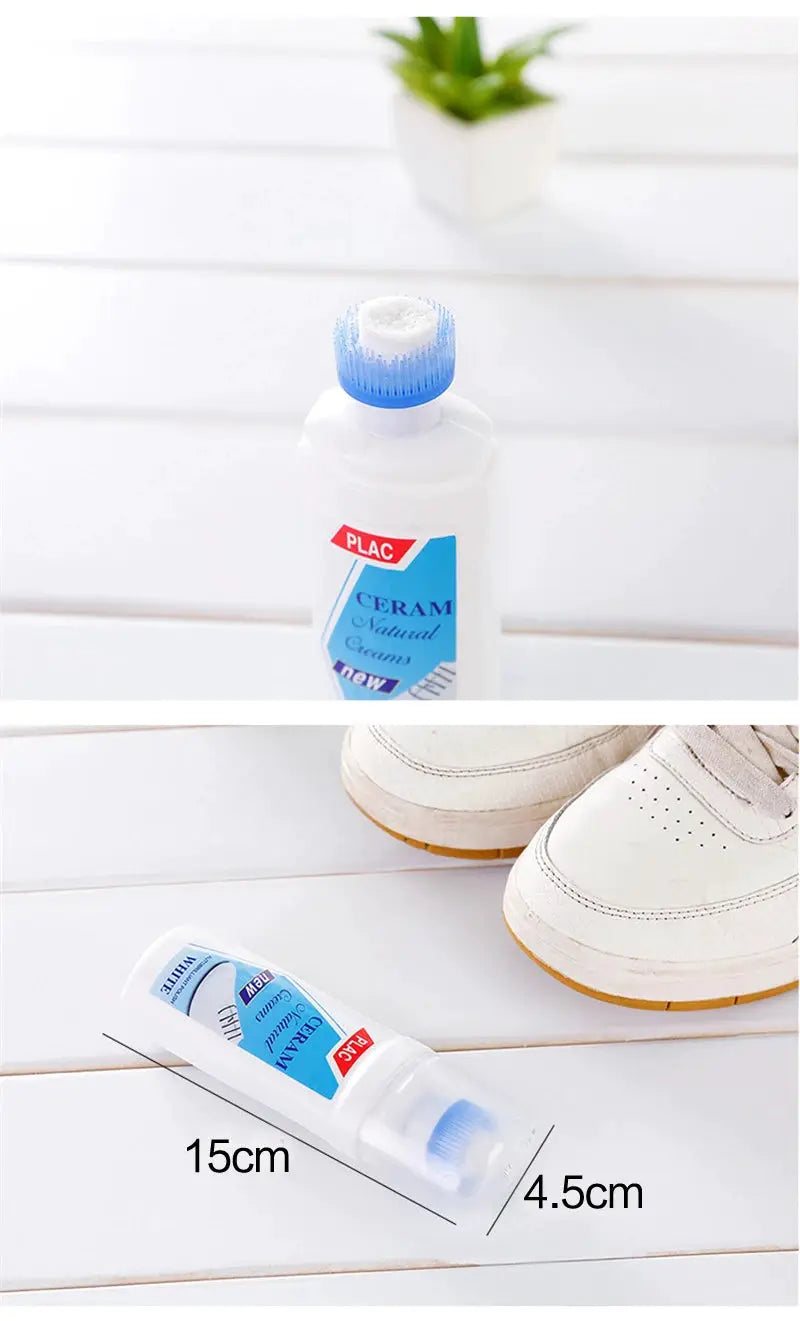 White shoe cleaner bottle with blue cap and white bristles, 15cm tube beside white sneakers