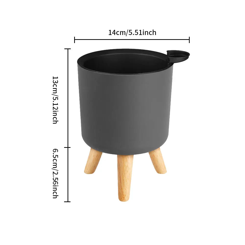 Simples Market floor-standing round plant pot with wooden legs; dark gray self-watering planter for herbs, bonsai, 14 cm