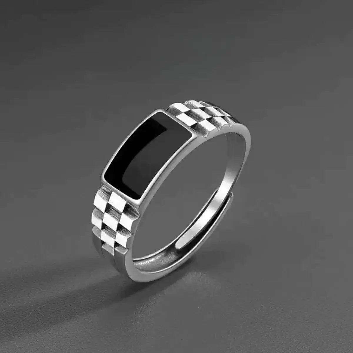 Vintage Faux Onyx Open Ring For Men In Stainless Steel Adjustable Silver Tone Punk Jewelry Gift