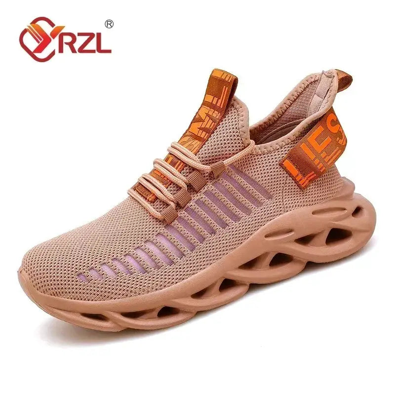 Unisex running sneakers in peach knit with orange accents and a chunky sculpted sole; RZL logo visible