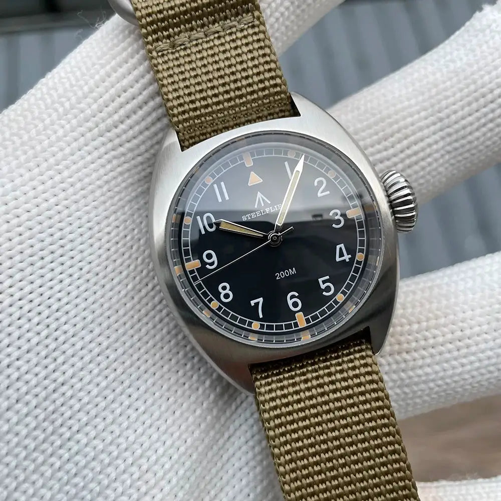 Steelflier SF745 unisex wristwatch, 36mm stainless steel case, black dial with luminous hands, olive nylon strap