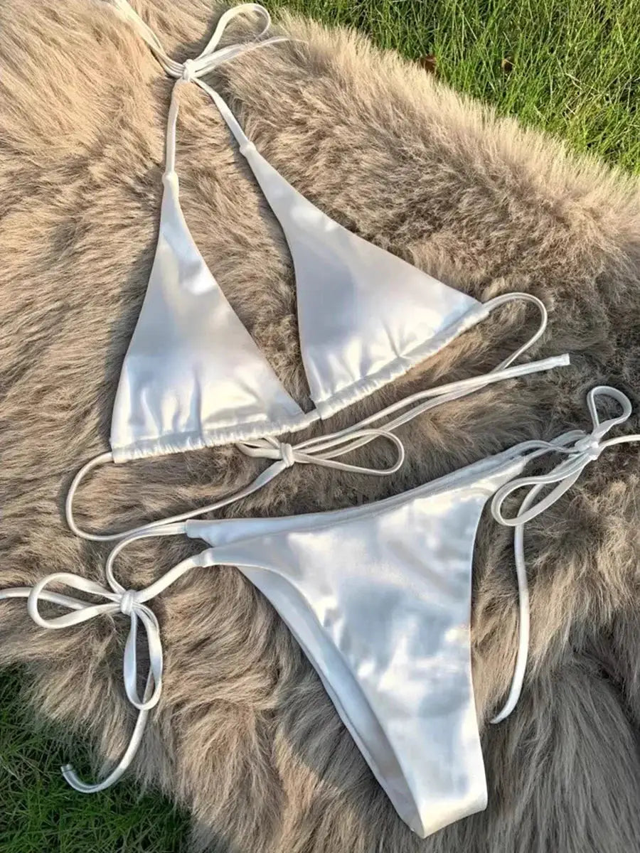 Simples Market halter bikini set, white metallic satin two-piece with triangle top and tied bottoms