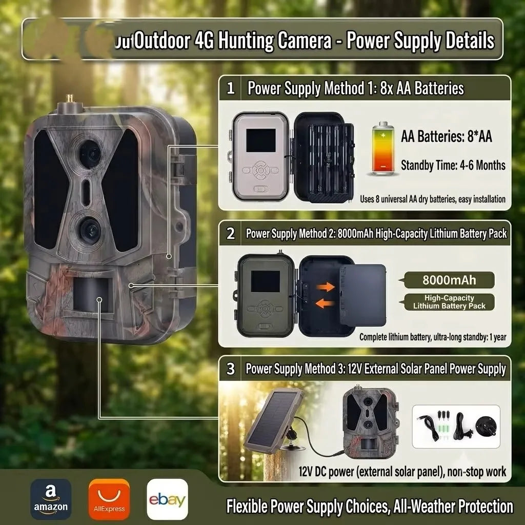 Simples Market 4K 4G wildlife hunting camera with dual lenses, camouflage finish, and 8000mAh battery.