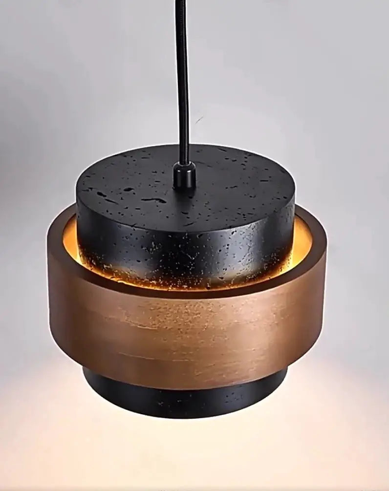 Simples Market pendant lamp with black top and bronze middle ring in Japanese Wabi Sabi style, warm glow.