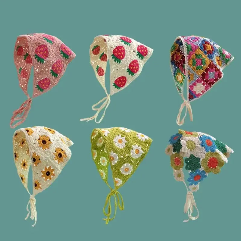 Handmade Korean Crochet Triangle Headband For Women And Girls With Floral Hollow Pattern Boho Hair Accessory