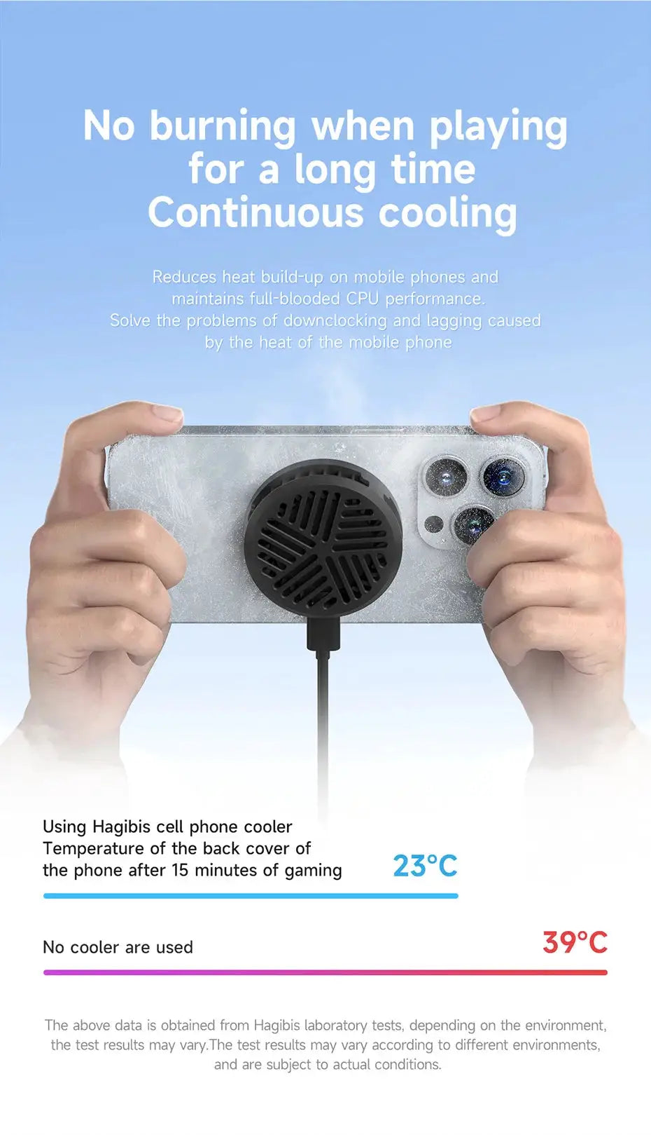 Hagibis Magnetic Cell Phone Cooler by Simples Market on a silver iPhone with a black circular cooling fan
