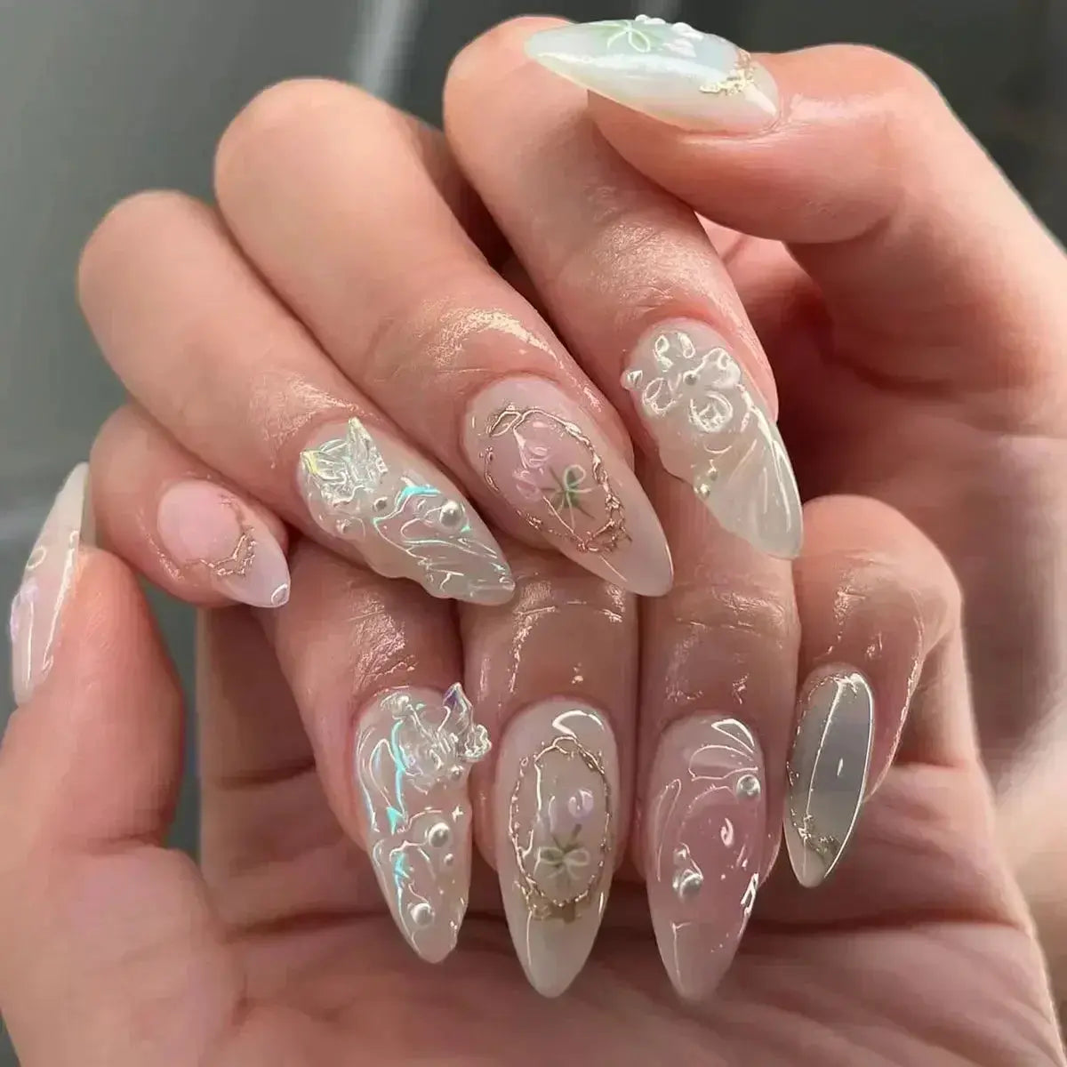 Glamora French Almond False Nails 24 Piece Press On Stiletto Tips With White Edge Design Glue Included For Wearable Glam