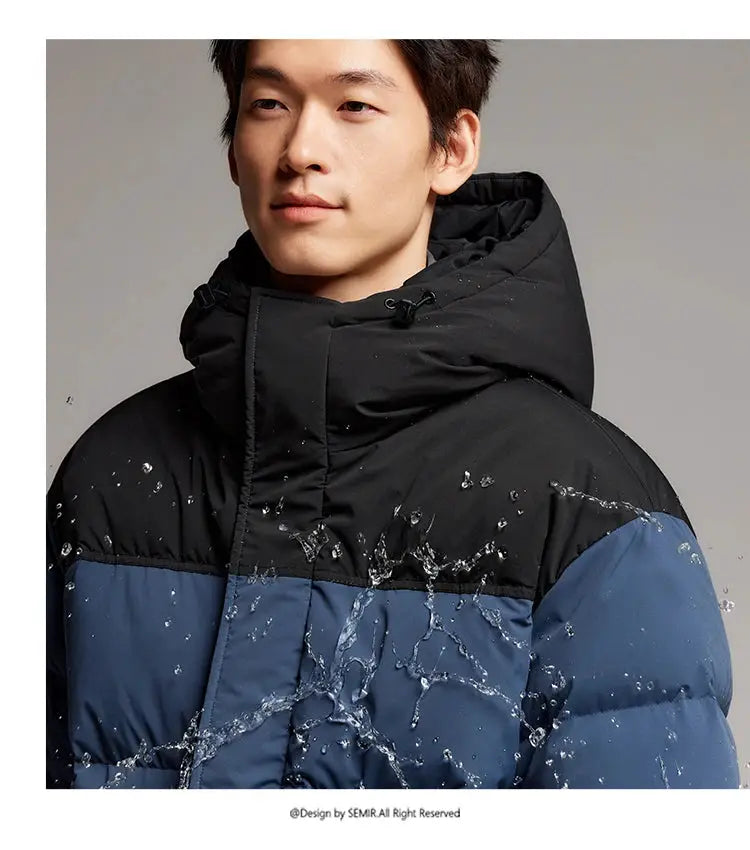 Semir men's down jacket, blue and black two-tone, hooded, waterproof windproof puffer