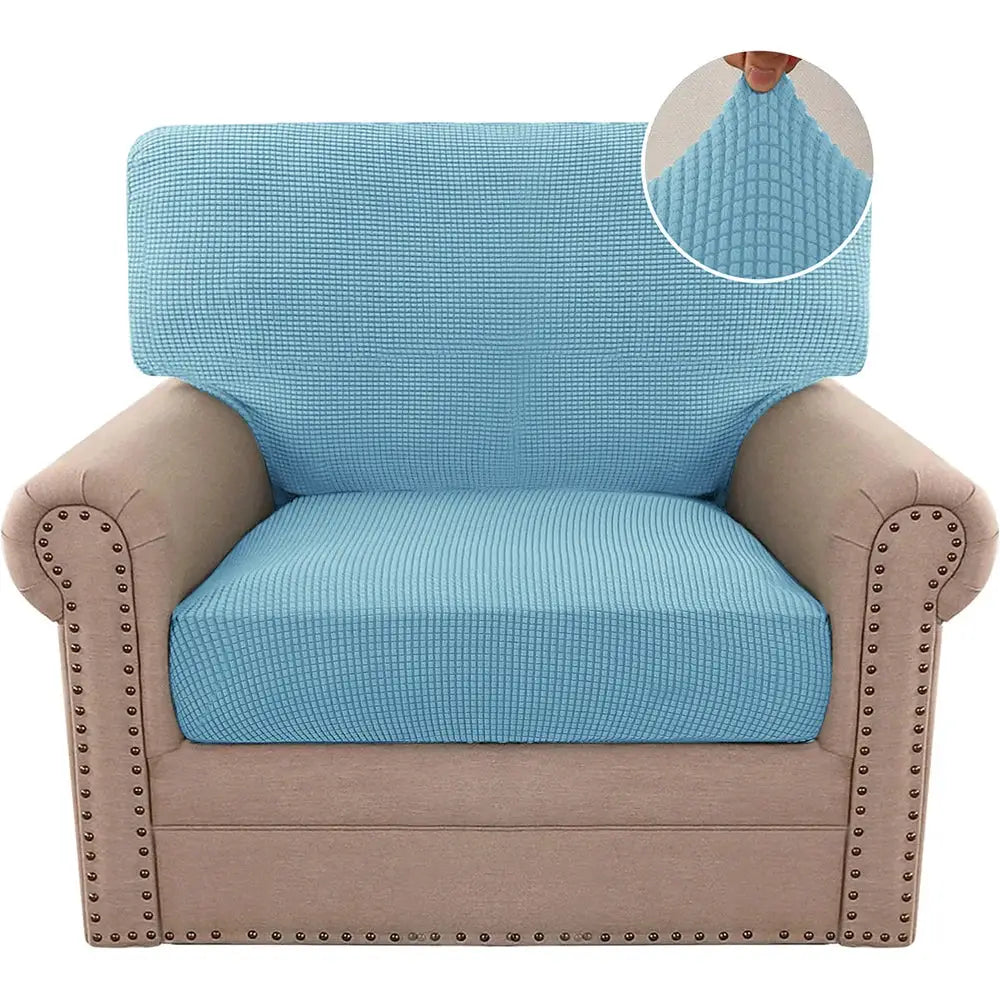 Jacquard polar fleece stretch sofa cover for blue armchair; removable furniture protector.