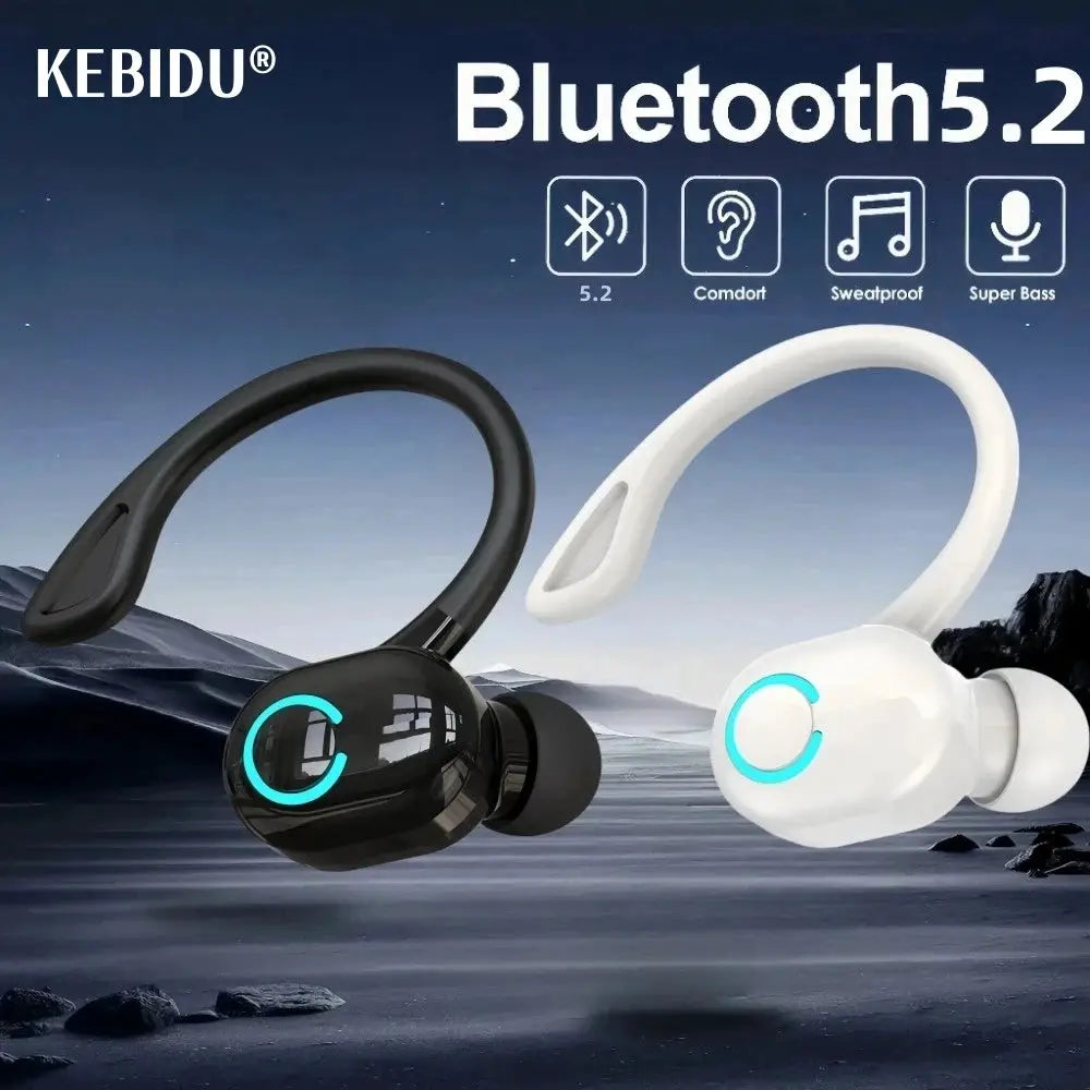 Bluetooth 5.2 ear-hook wireless headphones, black and white pair with mic