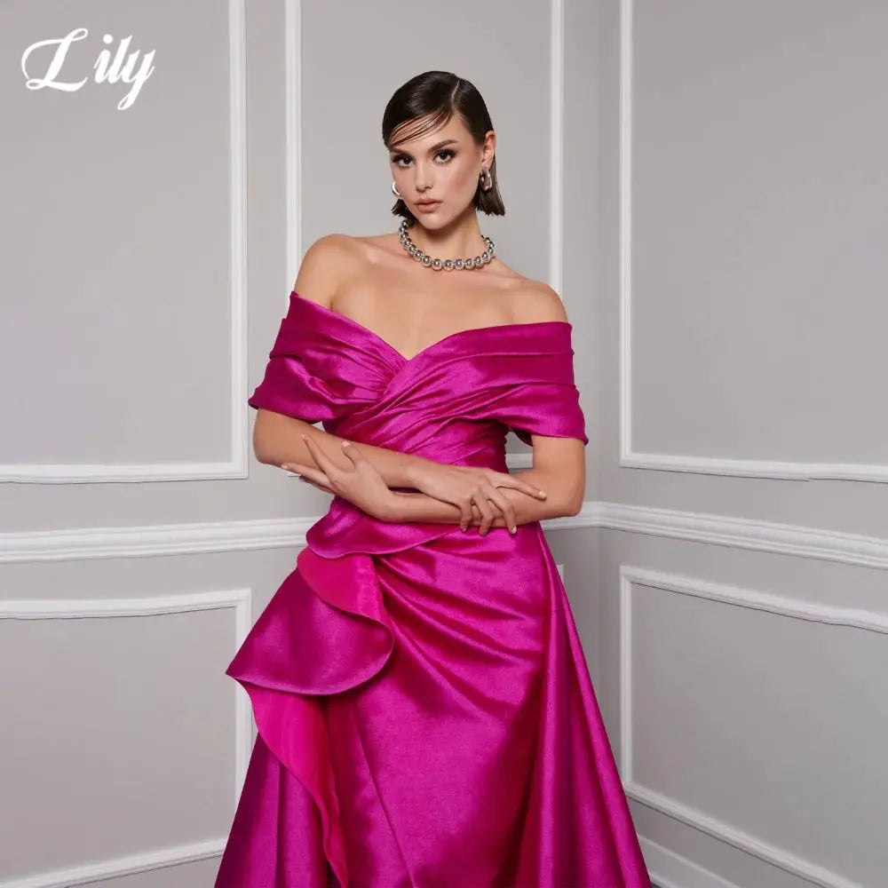 Lily Red Satin Prom Gown Off Shoulder Party Dress Pleated Side Split