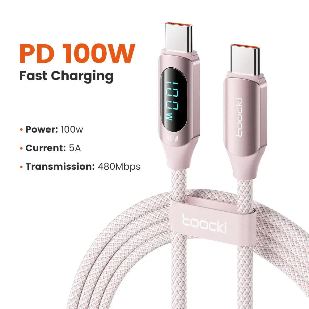 Toocki USB-C to USB-C 100W PD cable, pink braided with dual ends and display
