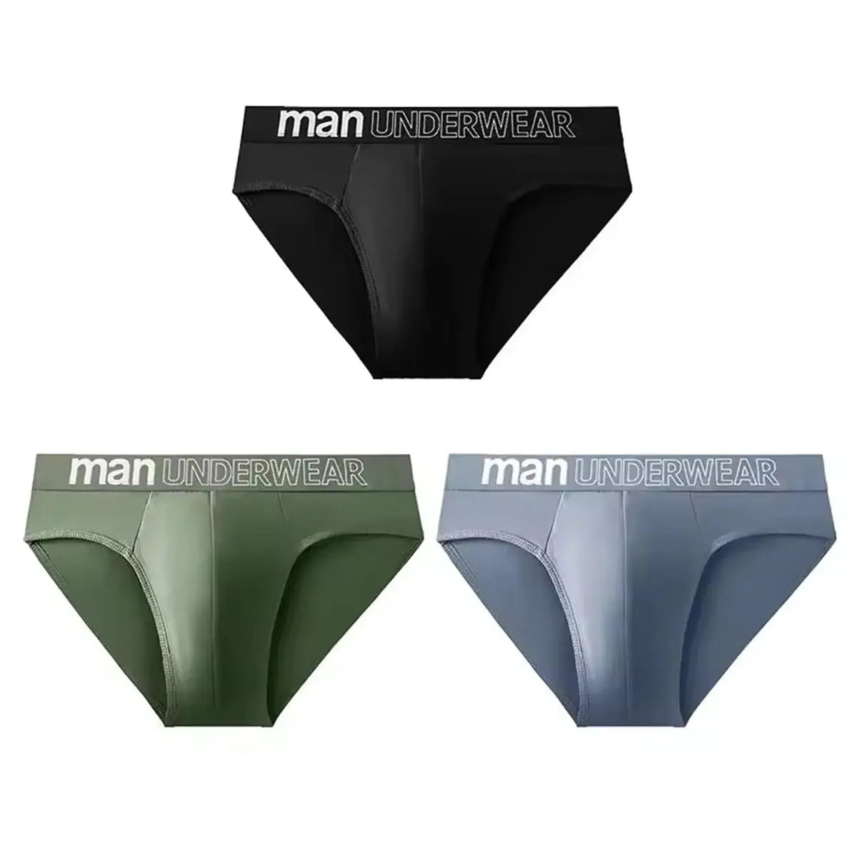 Men's briefs underwear 3-pack in black, green, and blue with a branded waistband