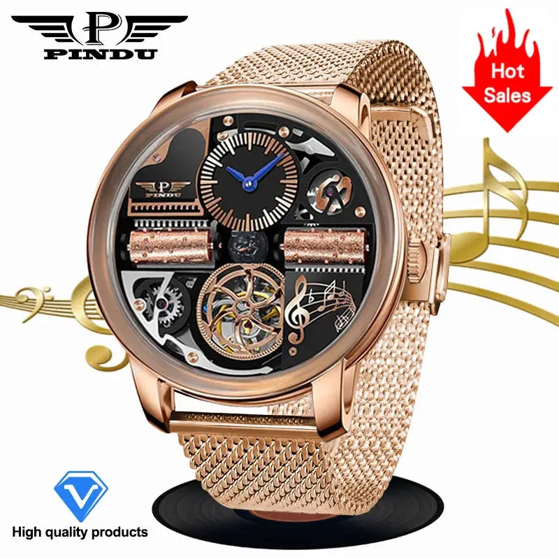PINDU Music Series men's skeleton automatic watch with rose-gold stainless steel mesh band and sapphire glass.