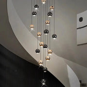 Simples Market modern pendant light with hanging orb LEDs in black and copper, ideal for living/dining rooms.