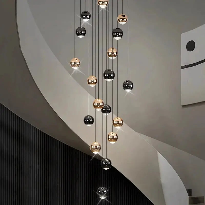 Simples Market modern pendant light with hanging orb LEDs in black and copper, ideal for living/dining rooms.