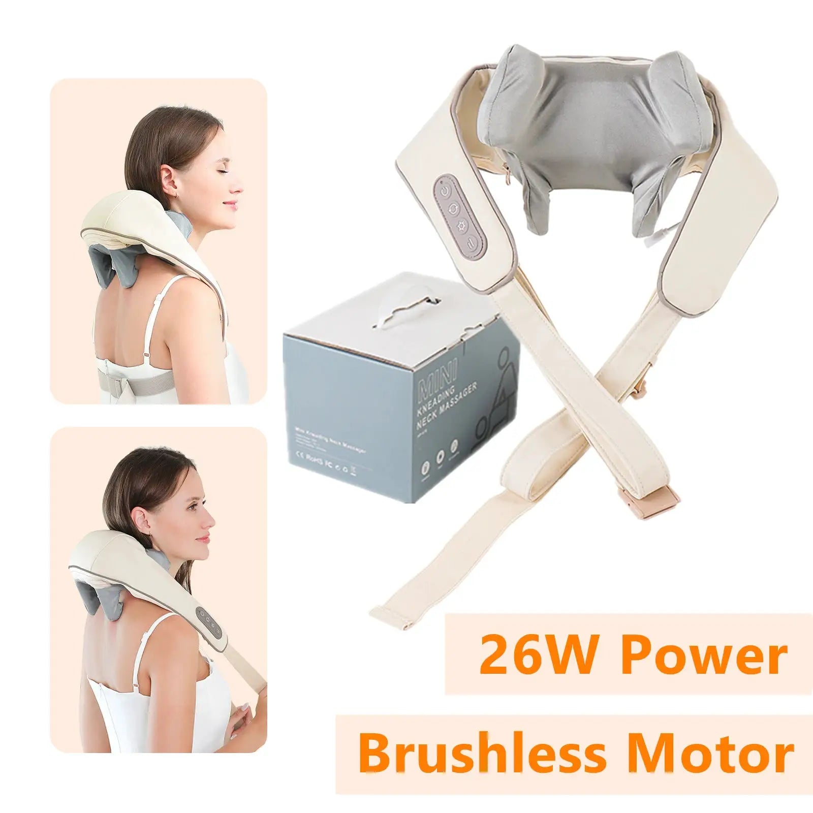 Foreverlily 26W brushless neck and shoulder massager, cordless cream color with control panel and wraparound straps