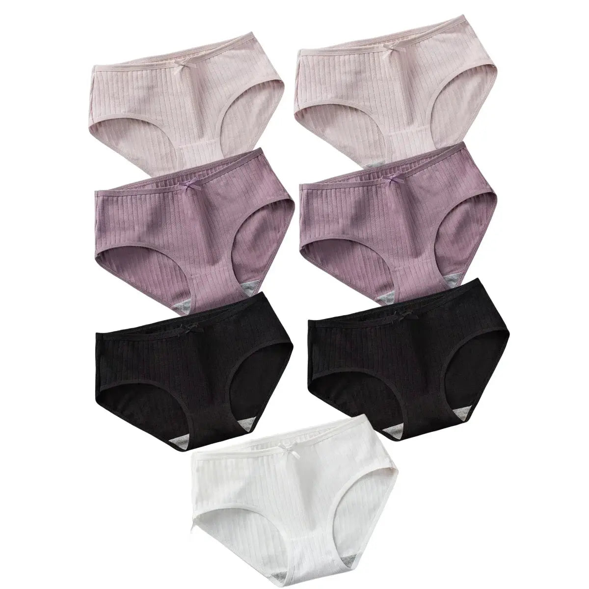 Simples Market 7-piece cotton ribbed mid-rise panties set with bow details in pink, mauve, lilac, black, and white