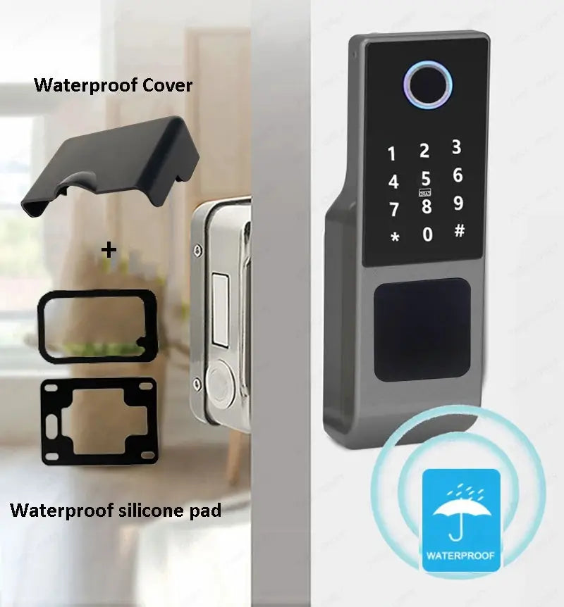 Tuya WiFi double-side fingerprint door lock with keypad, RFID, and waterproof silicone pad for outdoor use