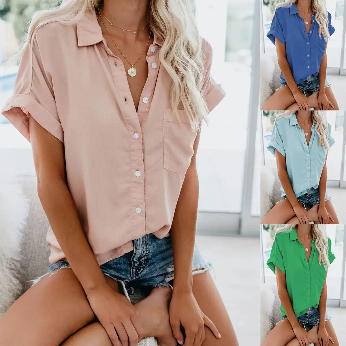 Women Elegant Blouse Short Sleeve Turn Down Collar Loose Tunic Tops
