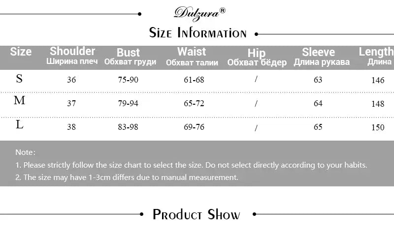 Dulzura velvet jumpsuit size chart showing S–L bust and waist measurements