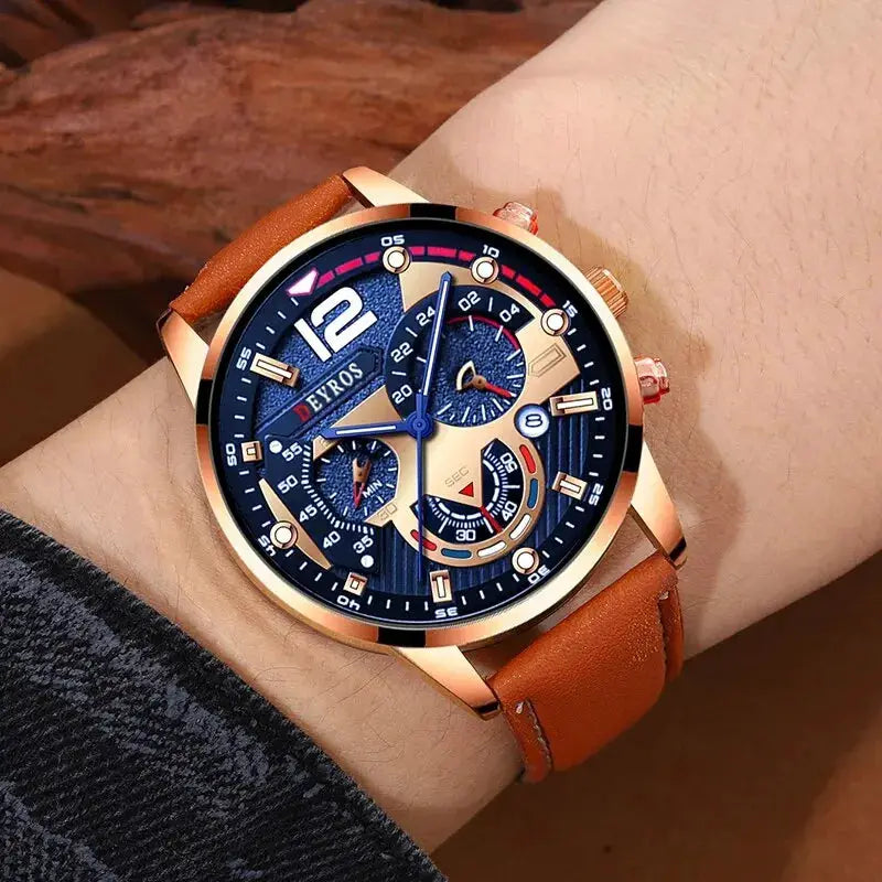 Two Piece Set Fashion Mens Calendar Watches Luxury Business Casual Brown Leather Strap Quartz Wristwatch