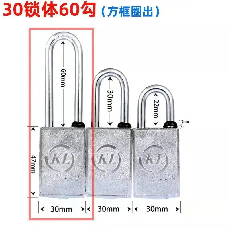 KL magnetic padlock trio in silver metal with 60mm, 30mm, and 22mm shackles