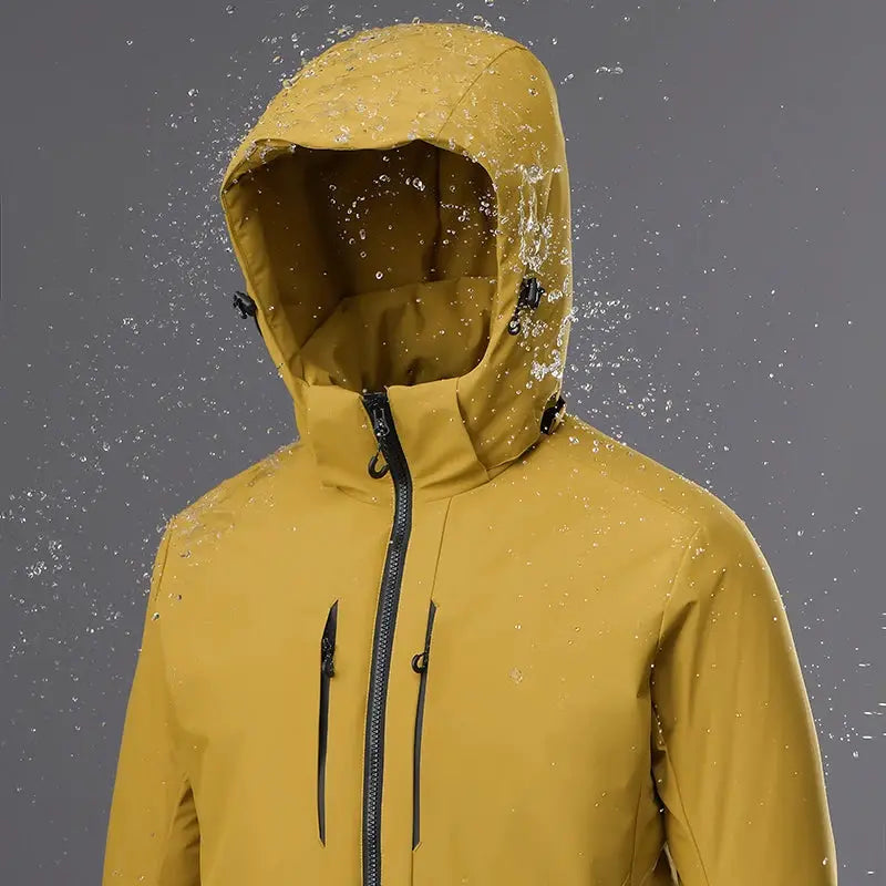 JNLN unisex waterproof windproof hooded jacket in mustard yellow with central front zipper and two chest zip pockets