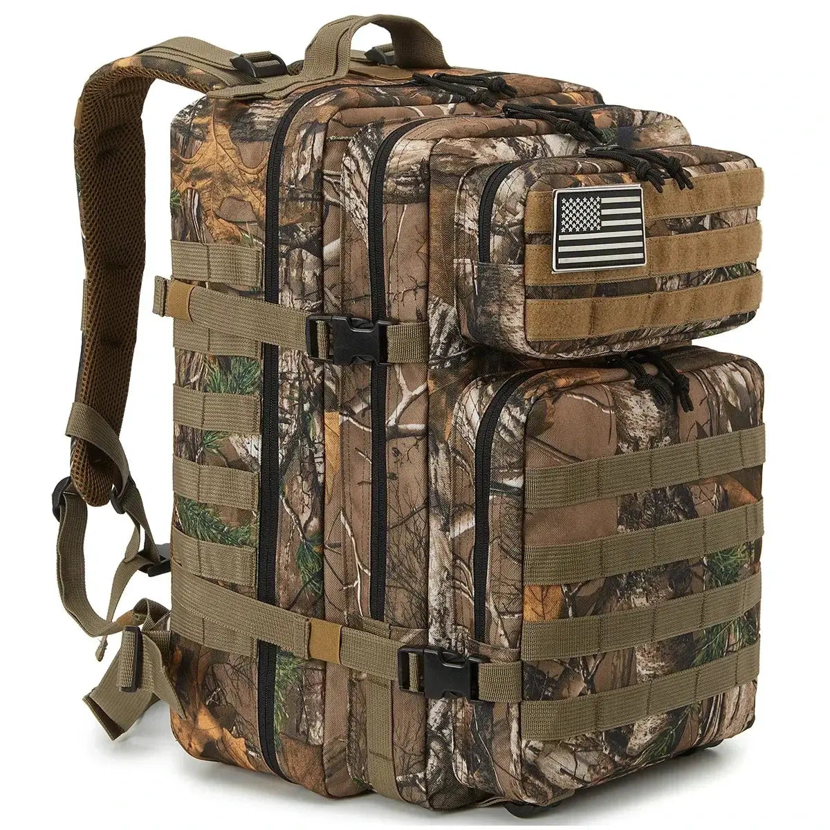 45L tactical backpack in camouflage by Simples Market with MOLLE straps and a US flag patch